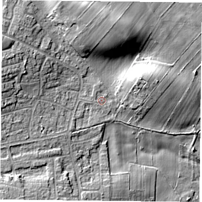 Shaded relief map of the ground around NG146PN, computed from Environment Agency LiDAR. The ground here sits at about 47 m above sea level and falls 15 m across the surrounding 800 m. Surface water reaching this point runs off ground lying to the north-north-west, 1.0 m higher.