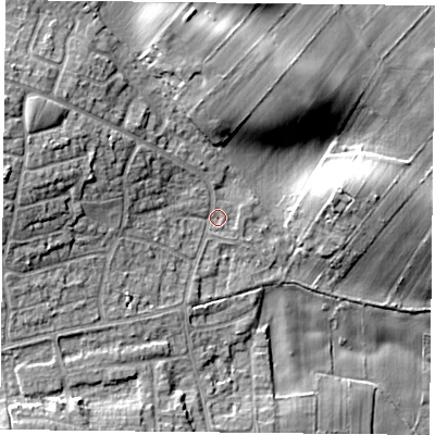 Shaded relief map of the ground around NG146PP, computed from Environment Agency LiDAR. The ground here sits at about 47 m above sea level and falls 16 m across the surrounding 800 m. Surface water reaching this point runs off ground lying to the west-north-west, 9.9 m higher.
