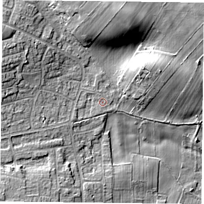 Shaded relief map of the ground around NG146PQ, computed from Environment Agency LiDAR. The ground here sits at about 47 m above sea level and falls 15 m across the surrounding 800 m. Surface water reaching this point runs off ground lying to the north-west, 9.2 m higher.