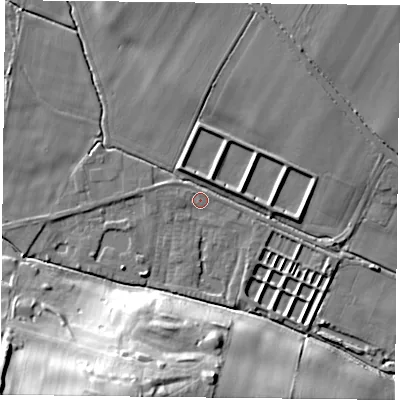 Shaded relief map of the ground around NG146QR, computed from Environment Agency LiDAR. The ground here sits at about 36 m above sea level and falls 30 m across the surrounding 800 m. Surface water reaching this point runs off ground lying to the west-north-west, 1.4 m higher.