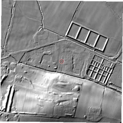 Shaded relief map of the ground around NG146QS, computed from Environment Agency LiDAR. The ground here sits at about 35 m above sea level and falls 36 m across the surrounding 800 m. Surface water reaching this point runs off ground lying to the west-north-west, 1.8 m higher.