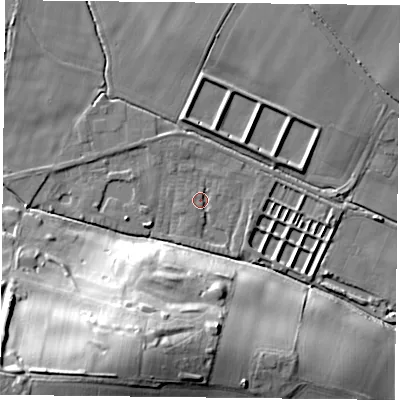 Shaded relief map of the ground around NG146QT, computed from Environment Agency LiDAR. The ground here sits at about 36 m above sea level and falls 35 m across the surrounding 800 m. Surface water reaching this point runs off ground lying to the north-north-west, 1.9 m higher.