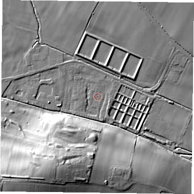 Shaded relief map of the ground around NG146QU, computed from Environment Agency LiDAR. The ground here sits at about 35 m above sea level and falls 35 m across the surrounding 800 m. Surface water reaching this point runs off ground lying to the north-west, 2.2 m higher.