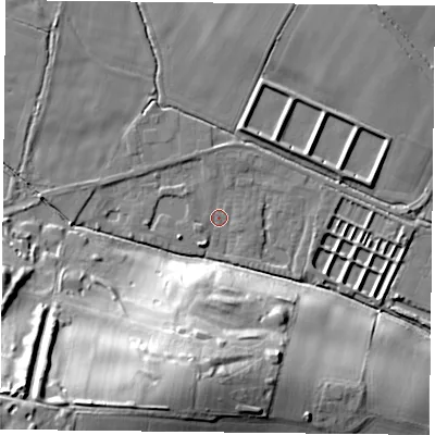 Shaded relief map of the ground around NG146QX, computed from Environment Agency LiDAR. The ground here sits at about 35 m above sea level and falls 36 m across the surrounding 800 m. Surface water reaching this point runs off ground lying to the west-north-west, 1.8 m higher.