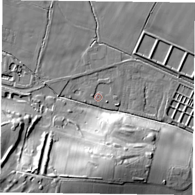 Shaded relief map of the ground around NG146QY, computed from Environment Agency LiDAR. The ground here sits at about 36 m above sea level and falls 40 m across the surrounding 800 m. Surface water reaching this point runs off ground lying to the west-north-west, 1.5 m higher.