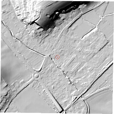 Shaded relief map of the ground around NG147AA, computed from Environment Agency LiDAR. The ground here sits at about 20 m above sea level and falls 31 m across the surrounding 800 m. Surface water reaching this point runs off ground lying to the west, 2.3 m higher.