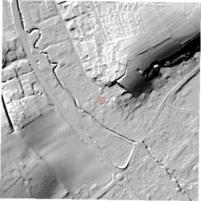 Shaded relief map of the ground around NG147AB, computed from Environment Agency LiDAR. The ground here sits at about 22 m above sea level and falls 32 m across the surrounding 800 m. Surface water reaching this point runs off ground lying to the north-east, 29.6 m higher.