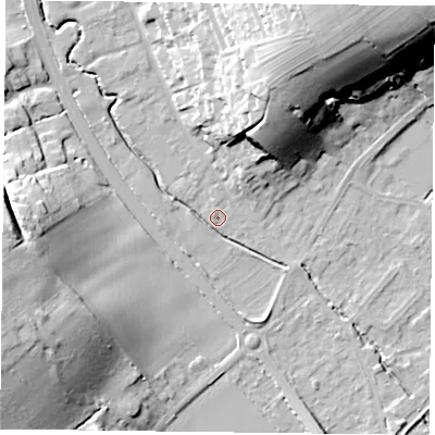 Shaded relief map of the ground around NG147AE, computed from Environment Agency LiDAR. The ground here sits at about 21 m above sea level and falls 33 m across the surrounding 800 m. Surface water reaching this point runs off ground lying to the north-north-east, 29.7 m higher.