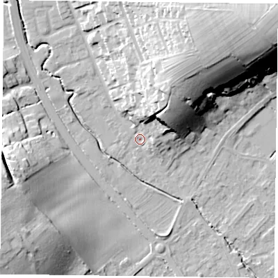 Shaded relief map of the ground around NG147AG, computed from Environment Agency LiDAR. The ground here sits at about 22 m above sea level and falls 33 m across the surrounding 800 m. Surface water reaching this point runs off ground lying to the north-north-east, 21.5 m higher.