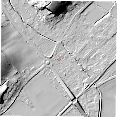 Shaded relief map of the ground around NG147AL, computed from Environment Agency LiDAR. The ground here sits at about 20 m above sea level and falls 23 m across the surrounding 800 m. Surface water reaching this point runs off ground lying to the west, 16.8 m higher.