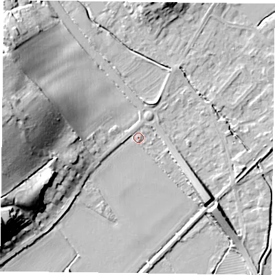 Shaded relief map of the ground around NG147AN, computed from Environment Agency LiDAR. The ground here sits at about 20 m above sea level and falls 24 m across the surrounding 800 m. Surface water reaching this point runs off ground lying to the north-west, 0.8 m higher.