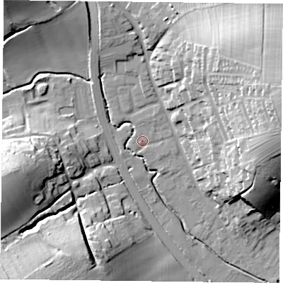 Shaded relief map of the ground around NG147AR, computed from Environment Agency LiDAR. The ground here sits at about 23 m above sea level and falls 31 m across the surrounding 800 m. Surface water reaching this point runs off ground lying to the east-north-east, 25.2 m higher.