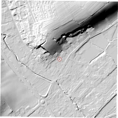 Shaded relief map of the ground around NG147AW, computed from Environment Agency LiDAR. The ground here sits at about 21 m above sea level and falls 33 m across the surrounding 800 m. Surface water reaching this point runs off ground lying to the north-north-west, 24.4 m higher.