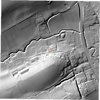 Shaded relief map of the ground around NG147AY, computed from Environment Agency LiDAR. The ground here sits at about 30 m above sea level and falls 35 m across the surrounding 800 m. Surface water reaching this point runs off ground lying to the south-south-east, 11.8 m higher.