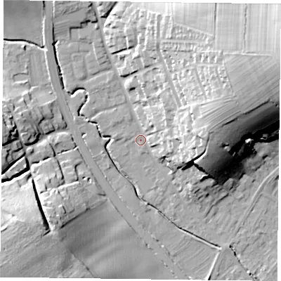 Shaded relief map of the ground around NG147BD, computed from Environment Agency LiDAR. The ground here sits at about 23 m above sea level and falls 32 m across the surrounding 800 m. Surface water reaching this point runs off ground lying to the east-north-east, 29.6 m higher.