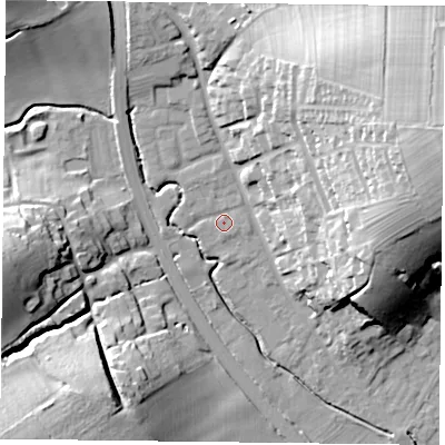 Shaded relief map of the ground around NG147BF, computed from Environment Agency LiDAR. The ground here sits at about 23 m above sea level and falls 31 m across the surrounding 800 m. Surface water reaching this point runs off ground lying to the north-east, 25.2 m higher.