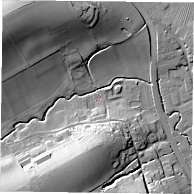 Shaded relief map of the ground around NG147BQ, computed from Environment Agency LiDAR. The ground here sits at about 25 m above sea level and falls 35 m across the surrounding 800 m. Surface water reaching this point runs off ground lying to the south, 19.7 m higher.