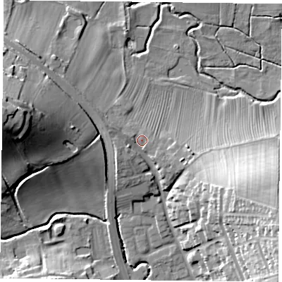 Shaded relief map of the ground around NG147BU, computed from Environment Agency LiDAR. The ground here sits at about 29 m above sea level and falls 30 m across the surrounding 800 m. Surface water reaching this point runs off ground lying to the west-north-west, 1.3 m higher.
