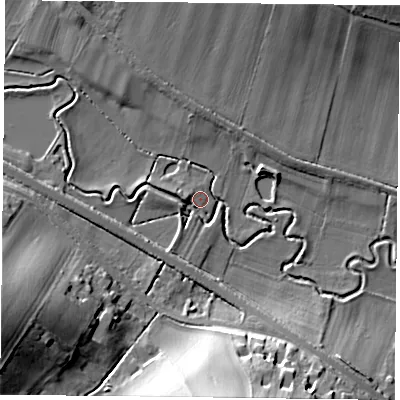 Shaded relief map of the ground around NG147BX, computed from Environment Agency LiDAR. The ground here sits at about 28 m above sea level and falls 22 m across the surrounding 800 m. Surface water reaching this point runs off ground lying to the west, 4.1 m higher.
