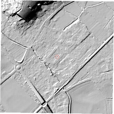 Shaded relief map of the ground around NG147DJ, computed from Environment Agency LiDAR. The ground here sits at about 20 m above sea level and falls 27 m across the surrounding 800 m. Surface water reaching this point runs off ground lying to the west-south-west, 1.6 m higher.