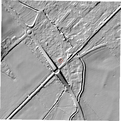 Shaded relief map of the ground around NG147DP, computed from Environment Agency LiDAR. The ground here sits at about 20 m above sea level and falls 9 m across the surrounding 800 m. Surface water reaching this point runs off ground lying to the south-west, 6.6 m higher.