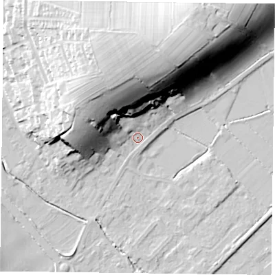 Shaded relief map of the ground around NG147DQ, computed from Environment Agency LiDAR. The ground here sits at about 22 m above sea level and falls 33 m across the surrounding 800 m. Surface water reaching this point runs off ground lying to the north-north-west, 29.4 m higher.