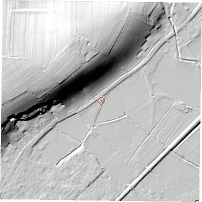 Shaded relief map of the ground around NG147DS, computed from Environment Agency LiDAR. The ground here sits at about 20 m above sea level and falls 34 m across the surrounding 800 m. Surface water reaching this point runs off ground lying to the west-north-west, 30.3 m higher.