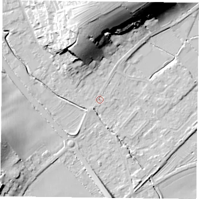 Shaded relief map of the ground around NG147DT, computed from Environment Agency LiDAR. The ground here sits at about 20 m above sea level and falls 33 m across the surrounding 800 m. Surface water reaching this point runs off ground lying to the north, 29.9 m higher.