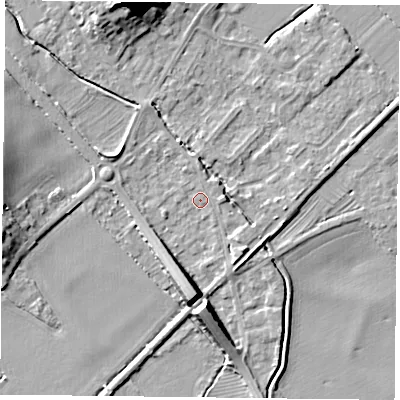 Shaded relief map of the ground around NG147DW, computed from Environment Agency LiDAR. The ground here sits at about 20 m above sea level and falls 15 m across the surrounding 800 m. Surface water reaching this point runs off ground lying to the west, 6.2 m higher.