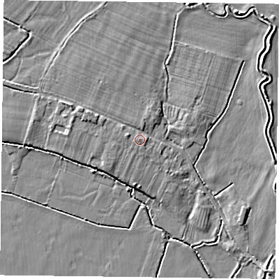Shaded relief map of the ground around NG147EB, computed from Environment Agency LiDAR. The ground here sits at about 19 m above sea level and falls 5 m across the surrounding 800 m. Surface water reaching this point runs off ground lying to the west-north-west, 1.6 m higher.