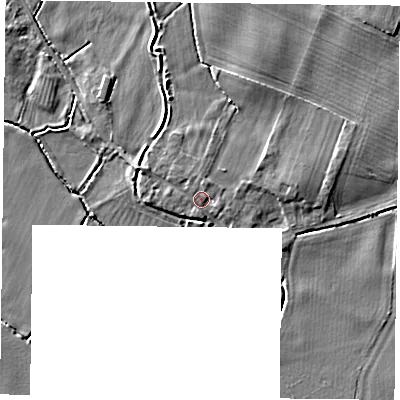 Shaded relief map of the ground around NG147ED, computed from Environment Agency LiDAR. The ground here sits at about 18 m above sea level and falls 4 m across the surrounding 800 m. Surface water reaching this point runs off ground lying to the west-north-west, 1.5 m higher.