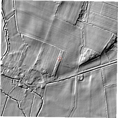 Shaded relief map of the ground around NG147EE, computed from Environment Agency LiDAR. The ground here sits at about 18 m above sea level and falls 4 m across the surrounding 800 m. Surface water reaching this point runs off ground lying to the south-south-west, 0.9 m higher.