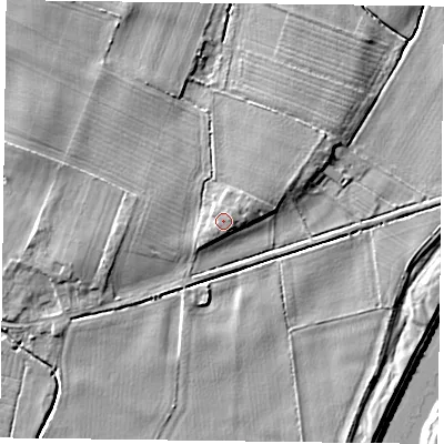 Shaded relief map of the ground around NG147EF, computed from Environment Agency LiDAR. The ground here sits at about 18 m above sea level and falls 5 m across the surrounding 800 m. The ground contributing surface water to this point lies to the east-north-east.
