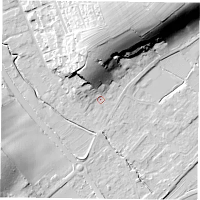 Shaded relief map of the ground around NG147EG, computed from Environment Agency LiDAR. The ground here sits at about 21 m above sea level and falls 33 m across the surrounding 800 m. Surface water reaching this point runs off ground lying to the north-north-west, 16.1 m higher.