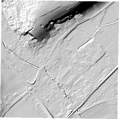 Shaded relief map of the ground around NG147EJ, computed from Environment Agency LiDAR. The ground here sits at about 20 m above sea level and falls 33 m across the surrounding 800 m. Surface water reaching this point runs off ground lying to the north-north-west, 29.9 m higher.