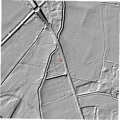 Shaded relief map of the ground around NG147EP, computed from Environment Agency LiDAR. The ground here sits at about 18 m above sea level and falls 10 m across the surrounding 800 m. Surface water reaching this point runs off ground lying to the north, 2.8 m higher.