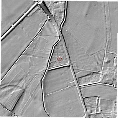 Shaded relief map of the ground around NG147EQ, computed from Environment Agency LiDAR. The ground here sits at about 18 m above sea level and falls 10 m across the surrounding 800 m. Surface water reaching this point runs off ground lying to the south-west, 2.0 m higher.
