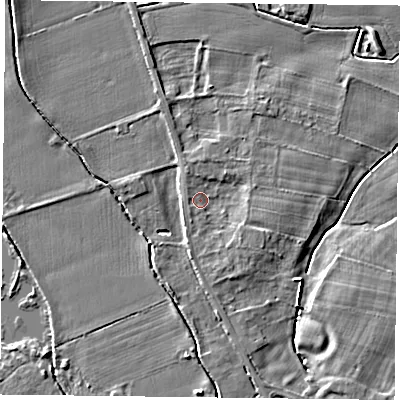 Shaded relief map of the ground around NG147ES, computed from Environment Agency LiDAR. The ground here sits at about 18 m above sea level and falls 4 m across the surrounding 800 m. Surface water reaching this point runs off ground lying to the south-east, 1.8 m higher.