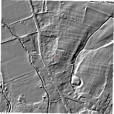Shaded relief map of the ground around NG147ET, computed from Environment Agency LiDAR. The ground here sits at about 19 m above sea level and falls 4 m across the surrounding 800 m. The ground contributing surface water to this point lies to the south-south-east.
