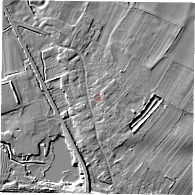 Shaded relief map of the ground around NG147EU, computed from Environment Agency LiDAR. The ground here sits at about 19 m above sea level and falls 7 m across the surrounding 800 m. Surface water reaching this point runs off ground lying to the east, 1.2 m higher.