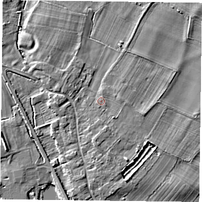 Shaded relief map of the ground around NG147EX, computed from Environment Agency LiDAR. The ground here sits at about 18 m above sea level and falls 7 m across the surrounding 800 m. Surface water reaching this point runs off ground lying to the south-east, 1.6 m higher.