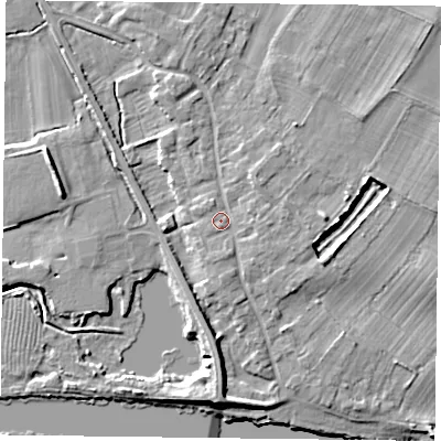 Shaded relief map of the ground around NG147EY, computed from Environment Agency LiDAR. The ground here sits at about 19 m above sea level and falls 8 m across the surrounding 800 m. Surface water reaching this point runs off ground lying to the south-east, 1.3 m higher.