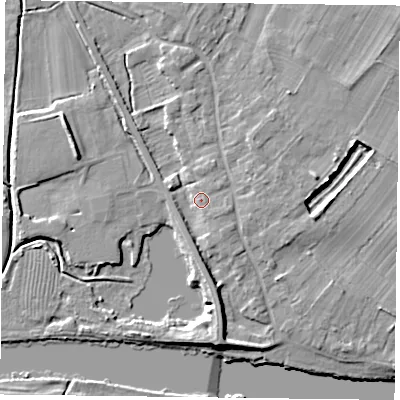 Shaded relief map of the ground around NG147EZ, computed from Environment Agency LiDAR. The ground here sits at about 19 m above sea level and falls 8 m across the surrounding 800 m. Surface water reaching this point runs off ground lying to the south-south-east, 2.5 m higher.
