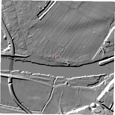 Shaded relief map of the ground around NG147FB, computed from Environment Agency LiDAR. The ground here sits at about 18 m above sea level and falls 19 m across the surrounding 800 m. Surface water reaching this point runs off ground lying to the north-north-east, 2.1 m higher.