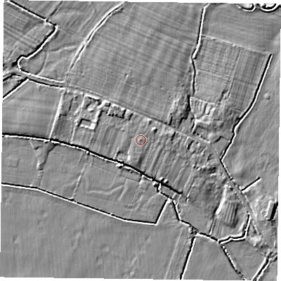Shaded relief map of the ground around NG147FD, computed from Environment Agency LiDAR. The ground here sits at about 18 m above sea level and falls 5 m across the surrounding 800 m. The ground contributing surface water to this point lies to the north-north-east.