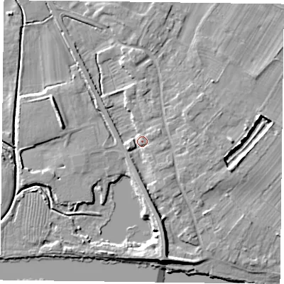 Shaded relief map of the ground around NG147FE, computed from Environment Agency LiDAR. The ground here sits at about 18 m above sea level and falls 8 m across the surrounding 800 m. Surface water reaching this point runs off ground lying to the south-south-east, 2.8 m higher.