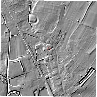 Shaded relief map of the ground around NG147FF, computed from Environment Agency LiDAR. The ground here sits at about 19 m above sea level and falls 7 m across the surrounding 800 m. Surface water reaching this point runs off ground lying to the west-south-west, 1.2 m higher.