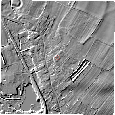Shaded relief map of the ground around NG147FH, computed from Environment Agency LiDAR. The ground here sits at about 19 m above sea level and falls 7 m across the surrounding 800 m. Surface water reaching this point runs off ground lying to the south-south-west, 1.0 m higher.