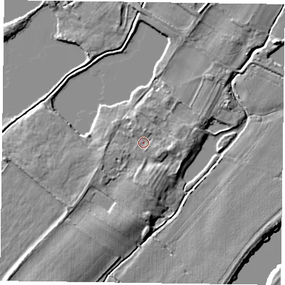 Shaded relief map of the ground around NG147FS, computed from Environment Agency LiDAR. The ground here sits at about 15 m above sea level and falls 6 m across the surrounding 800 m. Surface water reaching this point runs off ground lying to the south, 2.4 m higher.