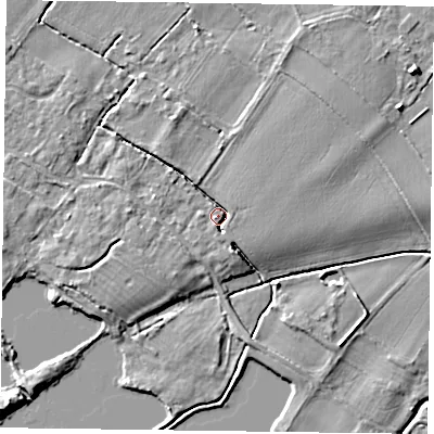 Shaded relief map of the ground around NG147FU, computed from Environment Agency LiDAR. The ground here sits at about 16 m above sea level and falls 5 m across the surrounding 800 m. Surface water reaching this point runs off ground lying to the west-south-west, 0.9 m higher.
